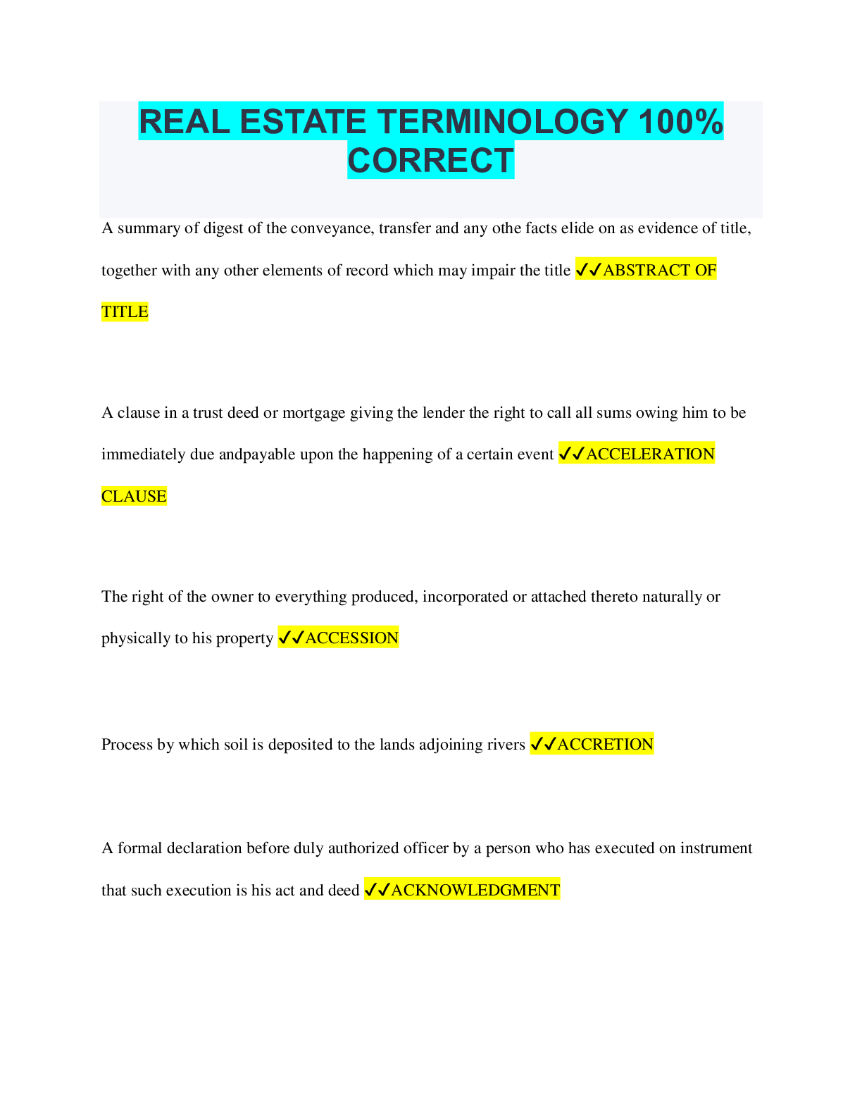 Preview image of REAL ESTATE TERMINOLOGY 100% CORRECT document